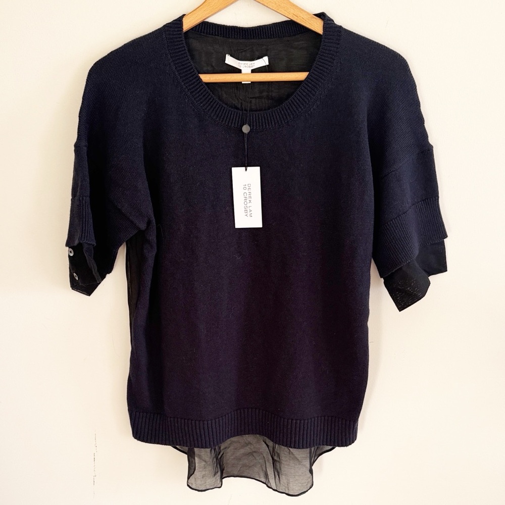 Derek Lam Navy blue cotton silk cashmere shirt sweater contrast top size M NWT
